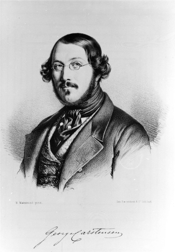 Et portrætfoto af et litografi der viser journalisten & arrangøren Georg Carstensen (f.1812-1857)